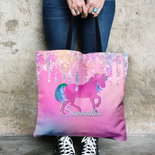 Cute Pink Rainbow unicorn Glitter Drift monogram Tote Bag