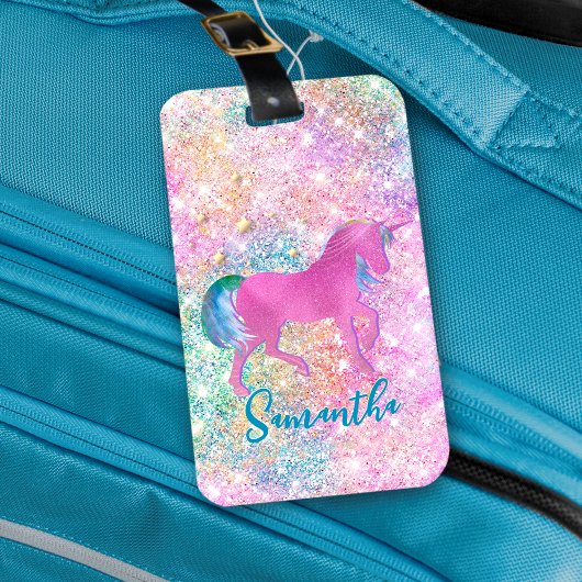 Cute Pink Rainbow unicorn Glitter monogram Bagagelabel