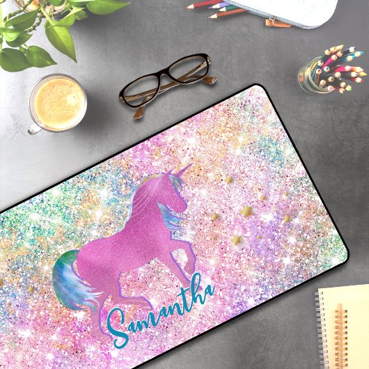 Cute Pink Rainbow unicorn Glitter monogram Bureaumat