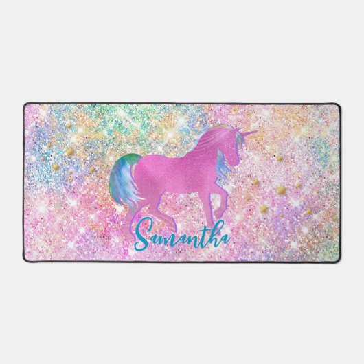 Cute Pink Rainbow unicorn Glitter monogram Bureaumat (Voorkant)
