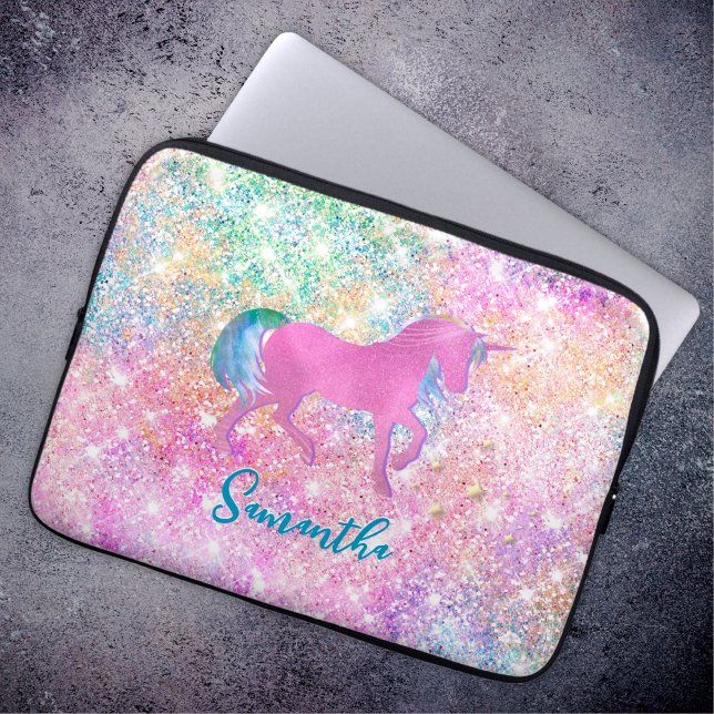 Cute Pink Rainbow unicorn Glitter monogram Laptop Sleeve (Creator heeft geüpload)