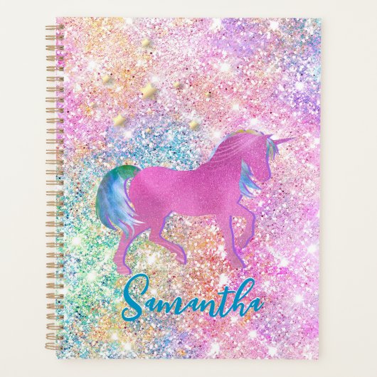 Cute Pink Rainbow unicorn Glitter monogram Planner (Voorkant)