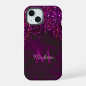 Cute Pink Red Unicorn Glitter Drift monogram iPhone 15 Case (Achterkant)