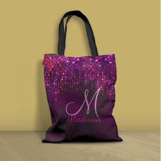 Cute Pink Red Unicorn Glitter Drift monogram Tote Bag