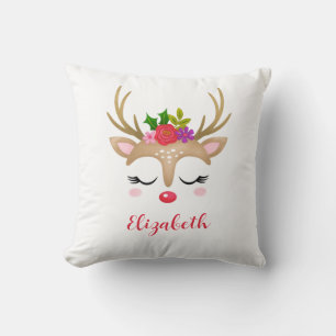 Cute Pink Reindeer Kerstmonogram Kussen