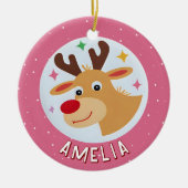 Cute Pink Reindeer Kid`s Name Christmas Keramisch Ornament (Voorkant)