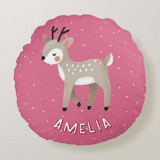 Cute Pink Reindeer Kid`s Name Christmas Rond Kussen (Voorkant)