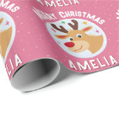 Cute Pink Reindeer Kid`s Name Merry Christmas Cadeaupapier (Rol Hoek)
