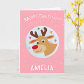 Cute Pink Reindeer Kid`s Name Merry Christmas Kaart (Gele Bloem)