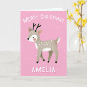 Cute Pink Reindeer Kid`s Name Merry Christmas Kaart (Gele Bloem)