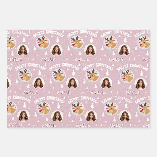 Cute Pink Reindeer Kid`s Name Photo Christmas Inpakpapier Vel (Voorkant 2)