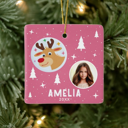 Cute Pink Reindeer Kid`s Name Photo Christmas Keramisch Ornament (Boom)