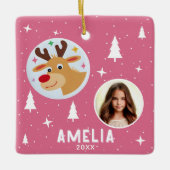 Cute Pink Reindeer Kid`s Name Photo Christmas Keramisch Ornament (Voorkant)