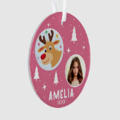 Cute Pink Reindeer Kid`s Name Photo Christmas Ornament (voorkant)
