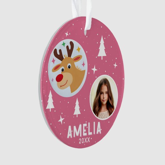 Cute Pink Reindeer Kid`s Name Photo Christmas Ornament (voorkant)