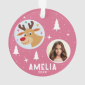 Cute Pink Reindeer Kid`s Name Photo Christmas Ornament (achterkant)