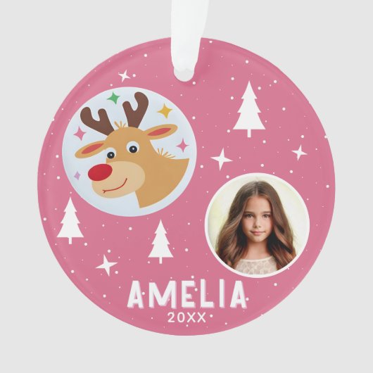 Cute Pink Reindeer Kid`s Name Photo Christmas Ornament (voorkant)