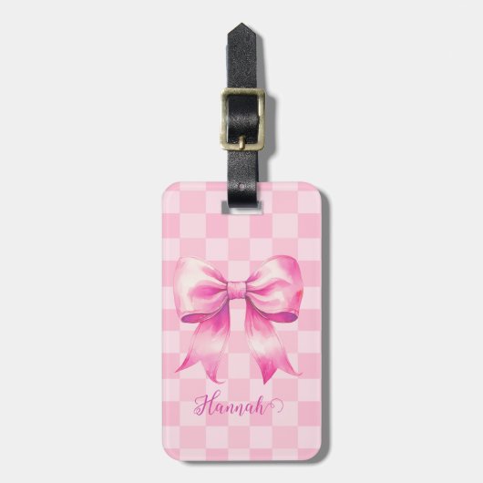 Cute Pink Ribbon and Gingham Sweet Girly Pattern Bagagelabel (Voorkant verticaal)