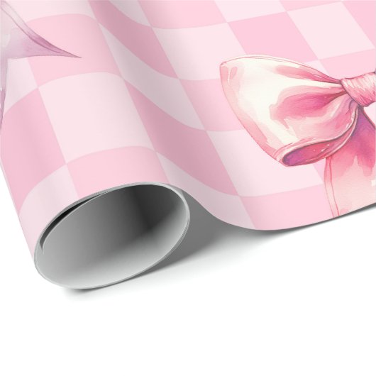Cute Pink Ribbon and Gingham Sweet Girly Pattern Cadeaupapier (Rol Hoek)