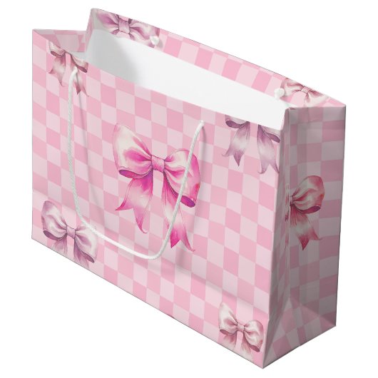 Cute Pink Ribbon and Gingham Sweet Girly Pattern Groot Cadeauzakje (Voorkant Gekanteld)