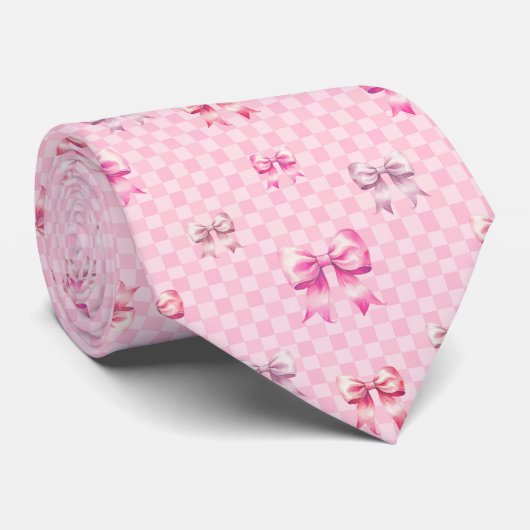 Cute Pink Ribbon and Gingham Sweet Girly Pattern Stropdas (Opgerold)