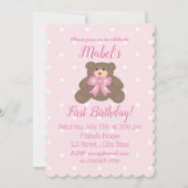 Cute Pink Ribbon Baby Teddy Bear First Birthday Kaart (Voorkant)