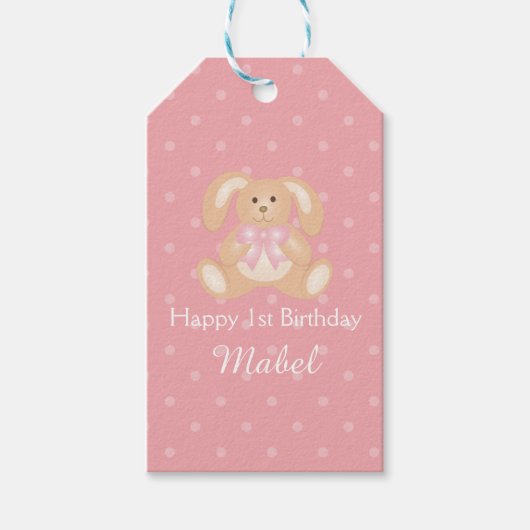 Cute Pink Ribbon Bunny Rabbit First Birthday Party Cadeaulabel (Voorkant)
