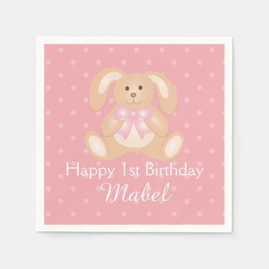Cute Pink Ribbon Bunny Rabbit First Birthday Party Servet (Voorkant)