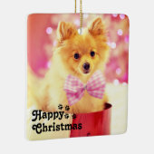 Cute Pink Ribbon Puppy & Happy Kerstmis Keramisch Ornament (Rechts)