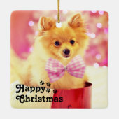 Cute Pink Ribbon Puppy & Happy Kerstmis Keramisch Ornament (Achterkant)