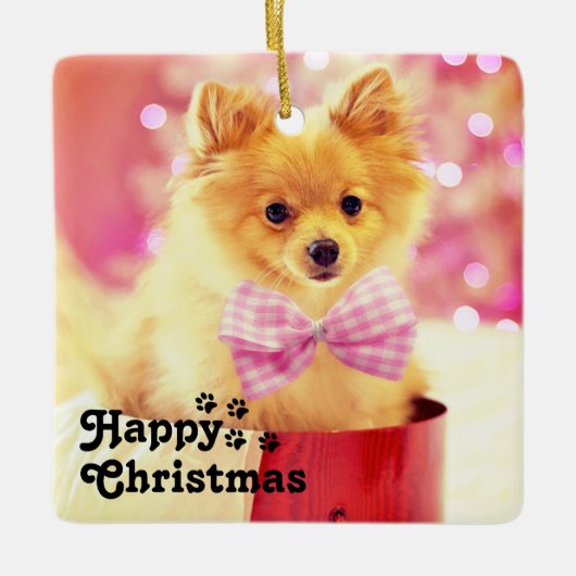 Cute Pink Ribbon Puppy & Happy Kerstmis Keramisch Ornament (Voorkant)