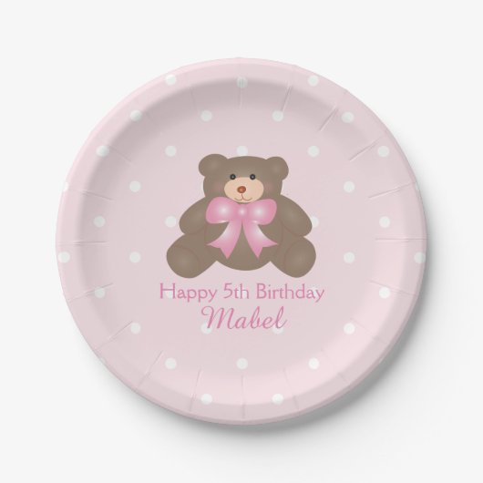 Cute Pink Ribbon Teddy Bear Girl Birthday Party Papieren Bordje (Voorkant)