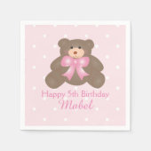 Cute Pink Ribbon Teddy Bear Girl Birthday Party Servetten (Voorkant)