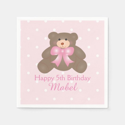 Cute Pink Ribbon Teddy Bear Girl Birthday Party Servetten (Voorkant)