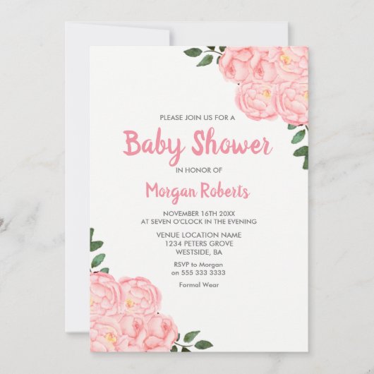 Cute Pink Rose Baby shower Uitnodiging (Voorkant)