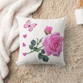 Cute Pink Rose Butterfly Hearts Throw Pillow  Kussen