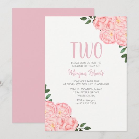 Cute Pink Rose Girls 2e verjaardag party Invite Kaart (Voorkant / Achterkant)