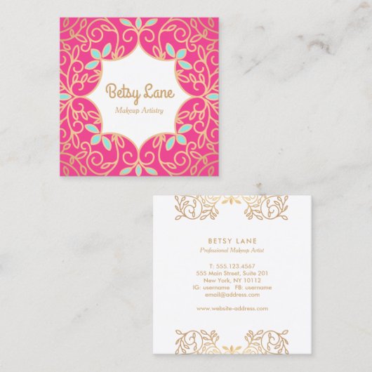 Cute Pink Rose Gold Swirls Makeup Artist Vierkante Visitekaartje (Voorkant / Achterkant)