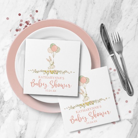 Cute Pink Rustic Floral Bunny Baby shower Servet