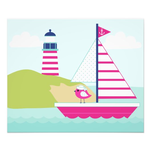 Cute Pink Sail Boat en Lighthouse Foto Afdruk (Voorkant)