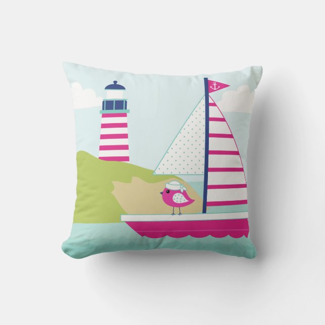 Cute Pink Sail Boat en Lighthouse Kussen (Voorkant)