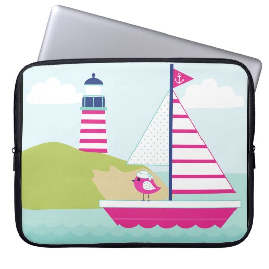 Cute Pink Sail Boat en Lighthouse Laptop Sleeve (Voorkant)