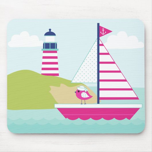 Cute Pink Sail Boat en Lighthouse Muismat (Voorkant)