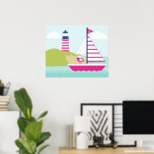 Cute Pink Sail Boat en Lighthouse Poster (Thuiskantoor)