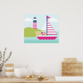 Cute Pink Sail Boat en Lighthouse Poster (Keuken)