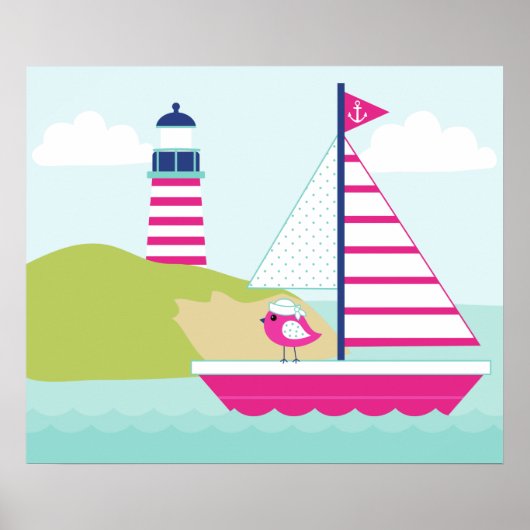 Cute Pink Sail Boat en Lighthouse Poster (Voorkant)