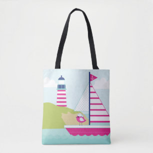 Cute Pink Sail Boat en Lighthouse Tote Bag