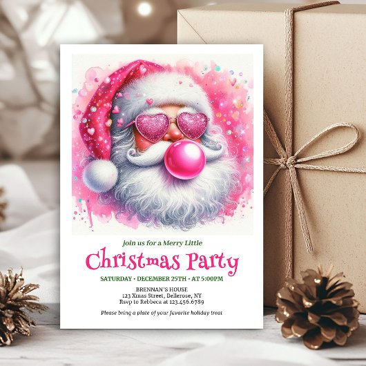 Cute pink santa chewing gum watercolor Xmas invite Kaart
