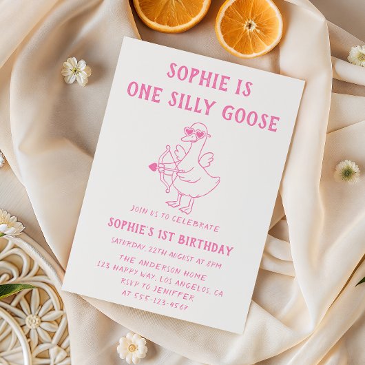 Cute Pink Silly Goose 1st Birthday Kaart