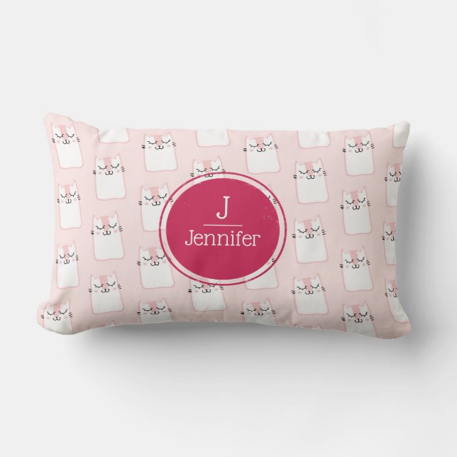Cute Pink Sleeping Kitty Cat Monogram Kussen (Voorkant)